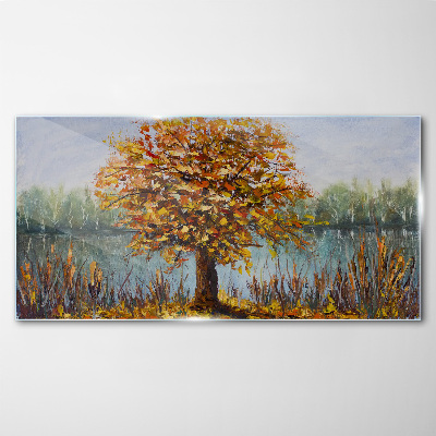 Tableau imprimé sur verre Automne doré à l'étang