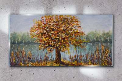 Tableau imprimé sur verre Automne doré à l'étang