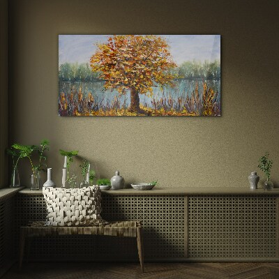 Tableau imprimé sur verre Automne doré à l'étang