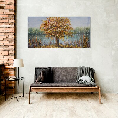Tableau imprimé sur verre Automne doré à l'étang