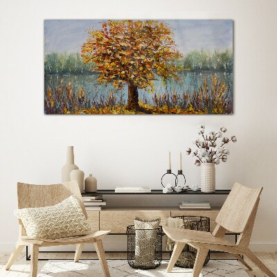 Tableau imprimé sur verre Automne doré à l'étang
