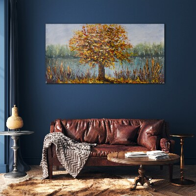 Tableau imprimé sur verre Automne doré à l'étang