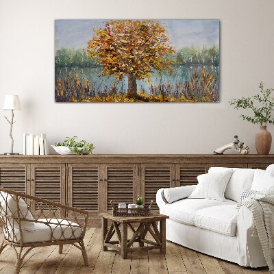 Tableau imprimé sur verre Automne doré à l'étang