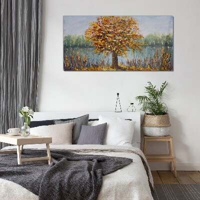 Tableau imprimé sur verre Automne doré à l'étang