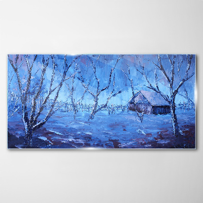 Tableau sur verre Paysage d'hiver avec un chalet