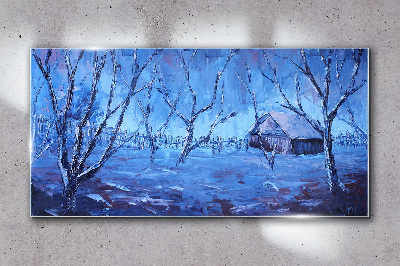 Tableau sur verre Paysage d'hiver avec un chalet