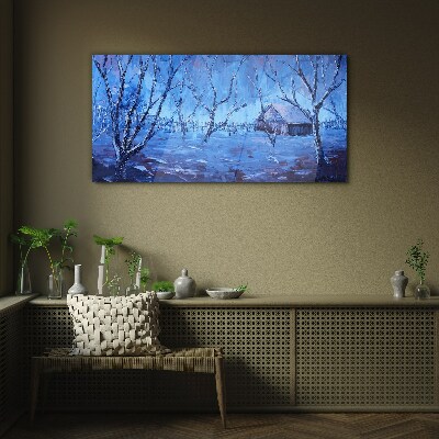 Tableau sur verre Paysage d'hiver avec un chalet