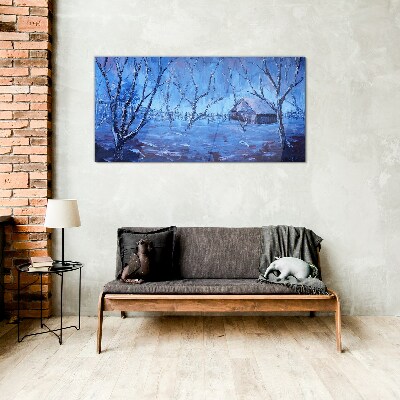 Tableau sur verre Paysage d'hiver avec un chalet