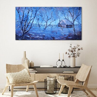 Tableau sur verre Paysage d'hiver avec un chalet