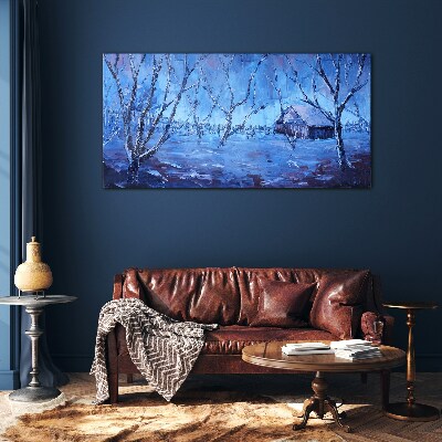 Tableau sur verre Paysage d'hiver avec un chalet