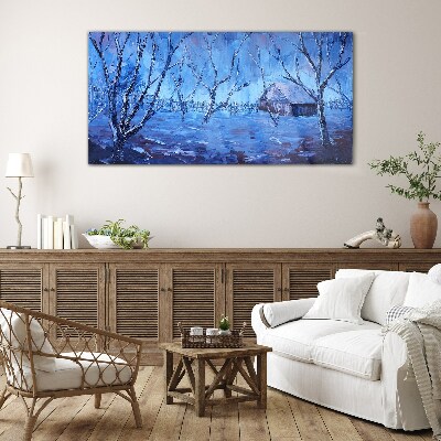 Tableau sur verre Paysage d'hiver avec un chalet