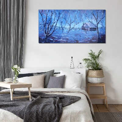 Tableau sur verre Paysage d'hiver avec un chalet