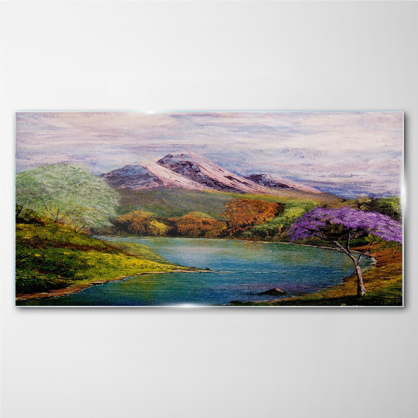 Tableau imprimé sur verre Paysage de montagne avec un lac