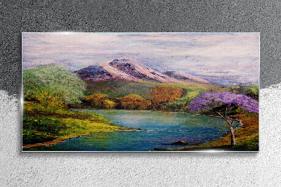Tableau imprimé sur verre Paysage de montagne avec un lac