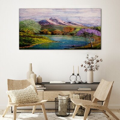 Tableau imprimé sur verre Paysage de montagne avec un lac