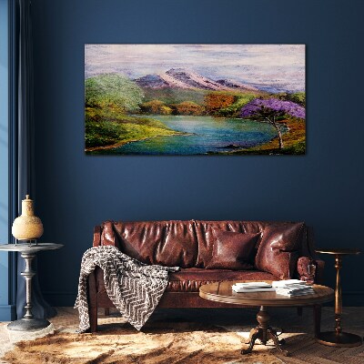 Tableau imprimé sur verre Paysage de montagne avec un lac