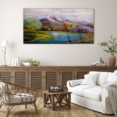 Tableau imprimé sur verre Paysage de montagne avec un lac