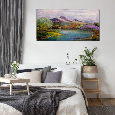 Tableau imprimé sur verre Paysage de montagne avec un lac