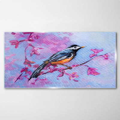 Tableau photo sur verre Oiseau de printemps sur des branches roses