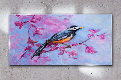 Tableau photo sur verre Oiseau de printemps sur des branches roses