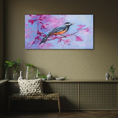 Tableau photo sur verre Oiseau de printemps sur des branches roses
