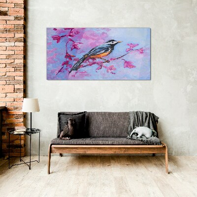 Tableau photo sur verre Oiseau de printemps sur des branches roses
