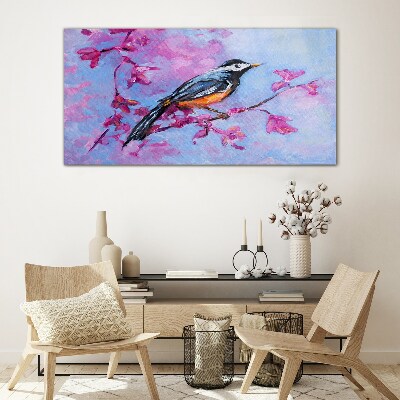 Tableau photo sur verre Oiseau de printemps sur des branches roses