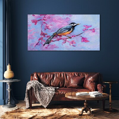 Tableau photo sur verre Oiseau de printemps sur des branches roses
