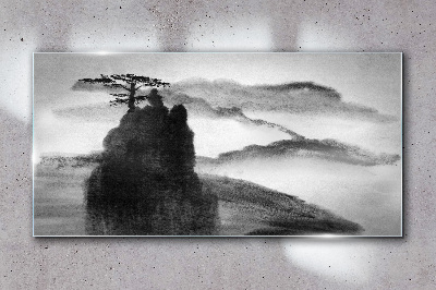 Tableau en verre Un arbre solitaire sur une montagne rocheuse