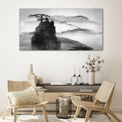 Tableau en verre Un arbre solitaire sur une montagne rocheuse