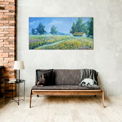 Tableau sur verre Paysage d'été avec une maison dans le champ