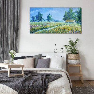 Tableau sur verre Paysage d'été avec une maison dans le champ