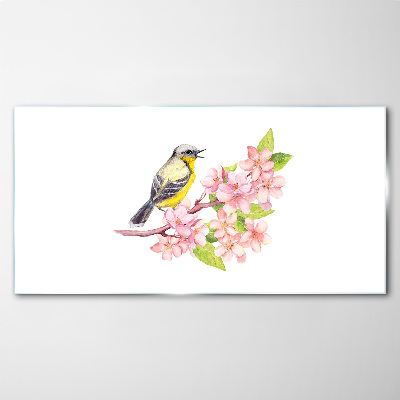 Tableau en verre Un oiseau sur une branche avec des fleurs