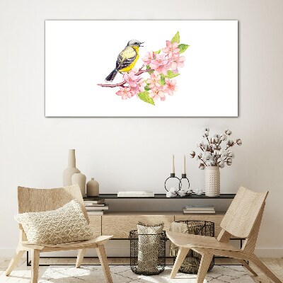Tableau en verre Un oiseau sur une branche avec des fleurs
