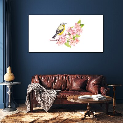 Tableau en verre Un oiseau sur une branche avec des fleurs