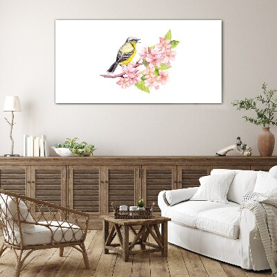 Tableau en verre Un oiseau sur une branche avec des fleurs