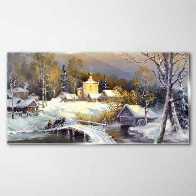 Tableau en verre Paysage d'hiver avec une église de village