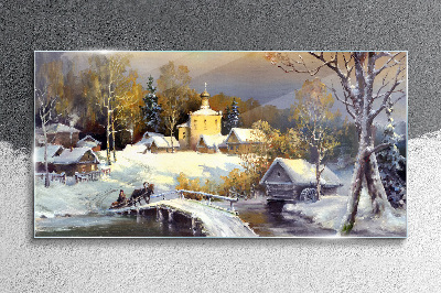 Tableau en verre Paysage d'hiver avec une église de village