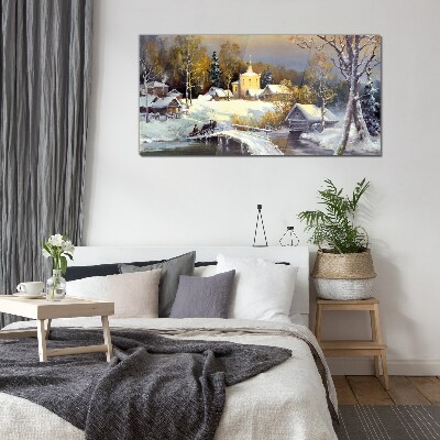Tableau en verre Paysage d'hiver avec une église de village