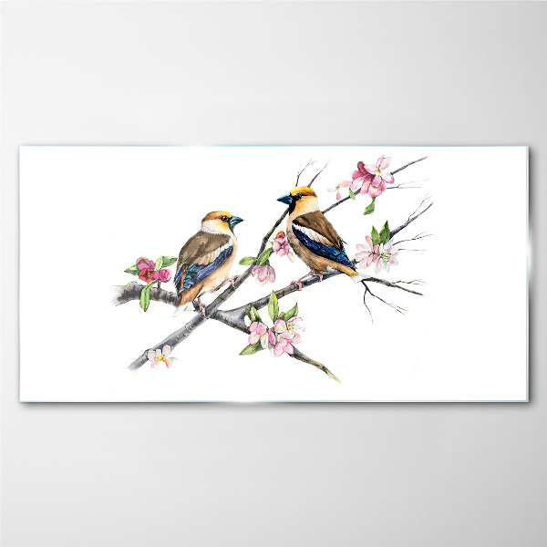 Tableau verre imprimé Oiseaux sur une branche parmi les fleurs