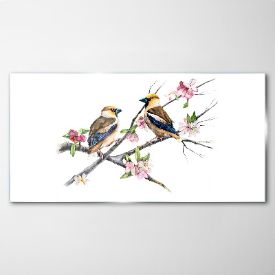 Tableau verre imprimé Oiseaux sur une branche parmi les fleurs