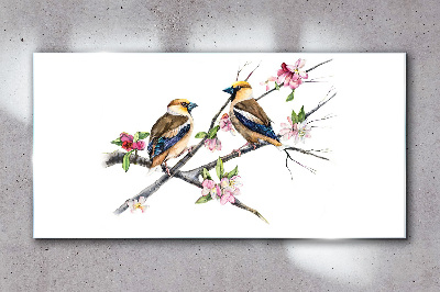 Tableau verre imprimé Oiseaux sur une branche parmi les fleurs