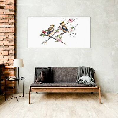 Tableau verre imprimé Oiseaux sur une branche parmi les fleurs
