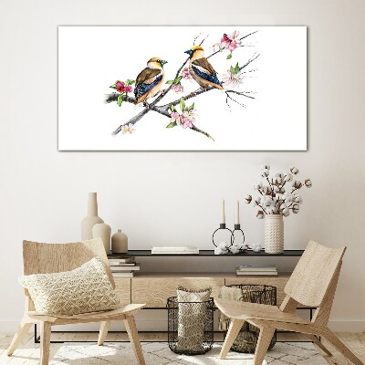 Tableau verre imprimé Oiseaux sur une branche parmi les fleurs