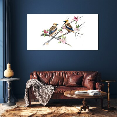 Tableau verre imprimé Oiseaux sur une branche parmi les fleurs