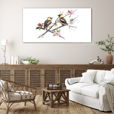 Tableau verre imprimé Oiseaux sur une branche parmi les fleurs