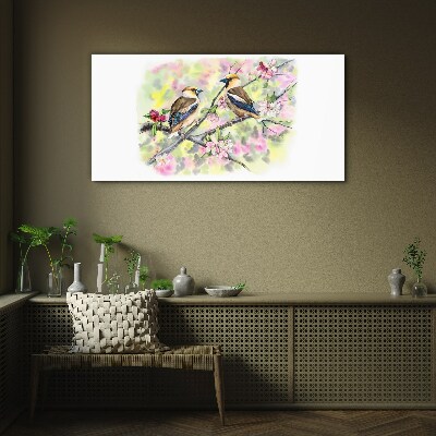 Tableau photo sur verre Oiseaux sur une branche avec des fleurs