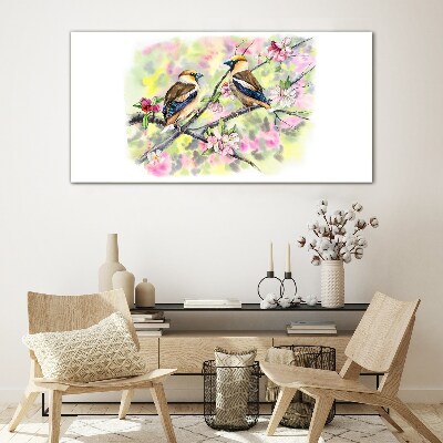Tableau photo sur verre Oiseaux sur une branche avec des fleurs