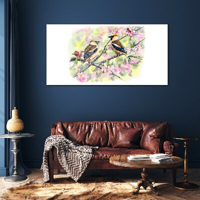 Tableau photo sur verre Oiseaux sur une branche avec des fleurs
