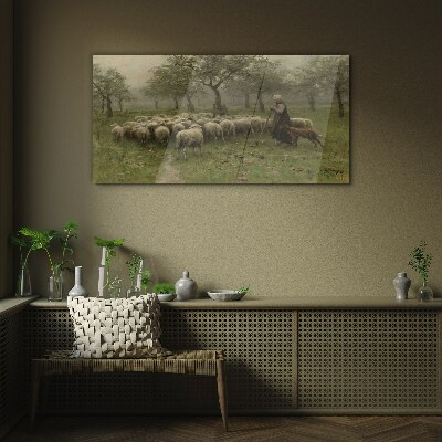 Tableau photo sur verre Des moutons paissent dans un paysage mystique